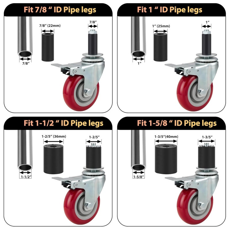 Finnhomy 4 Inch Prep Table Caster Wheels Set of 4 Heavy duty Expanding Stem Casters Fit 7/8", 1", 1-1/2" and 1-5/8" Tube Leg with Brake for Stainless Steel Furniture Legs, Worktable, Kitchen Workbench - Image 4
